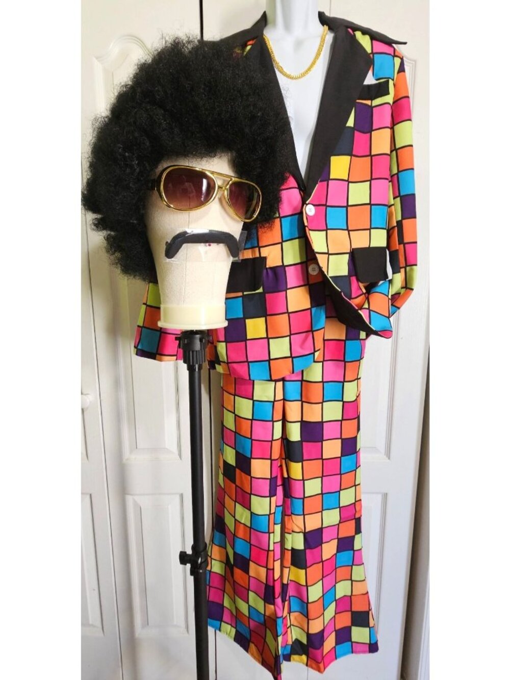 70s Disco Mens Costume Bell Bottom Suit Afro Wig Mustache Gold Chain Glasses